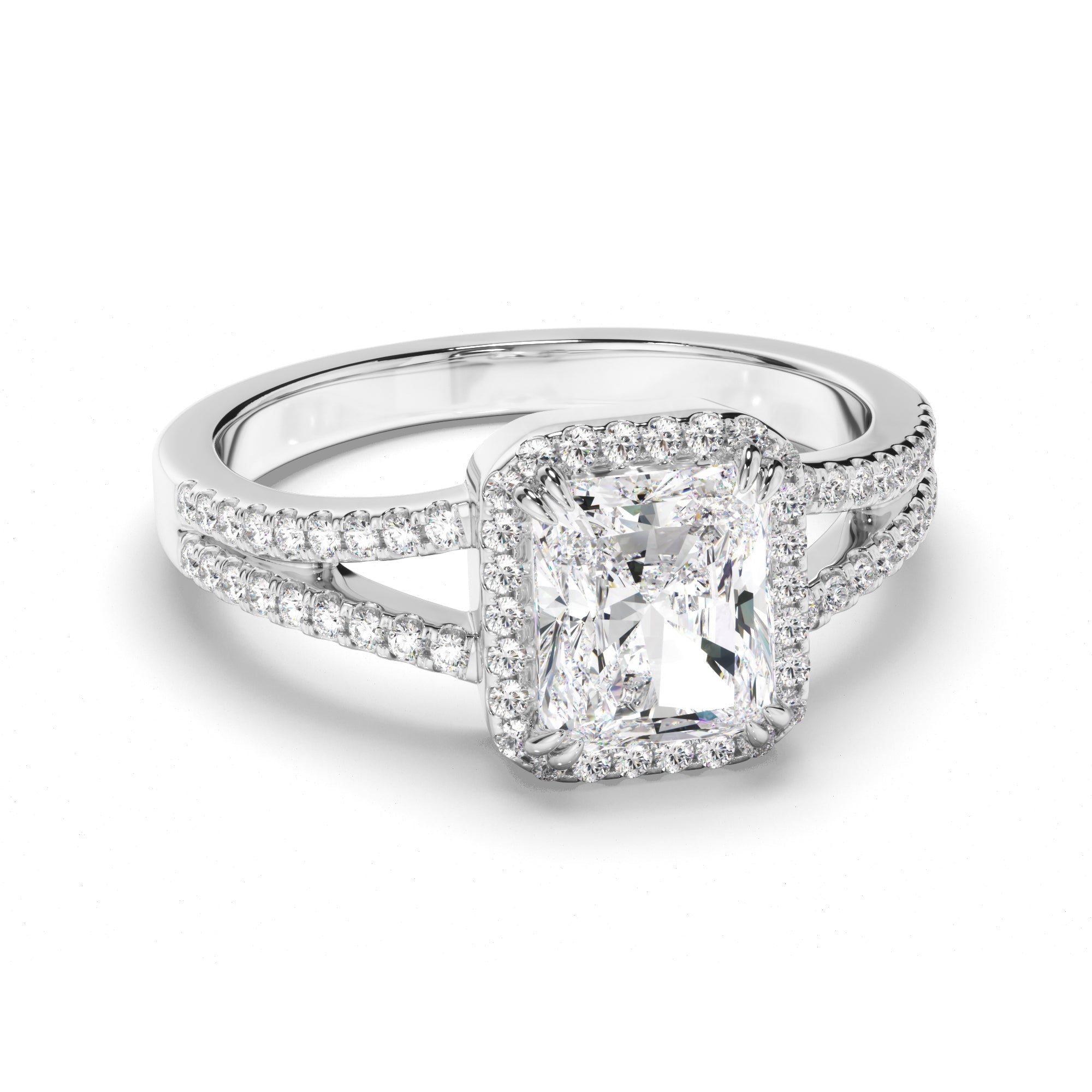 Radiant Cut Diamond Halo Engagement Ring with Pave Sides