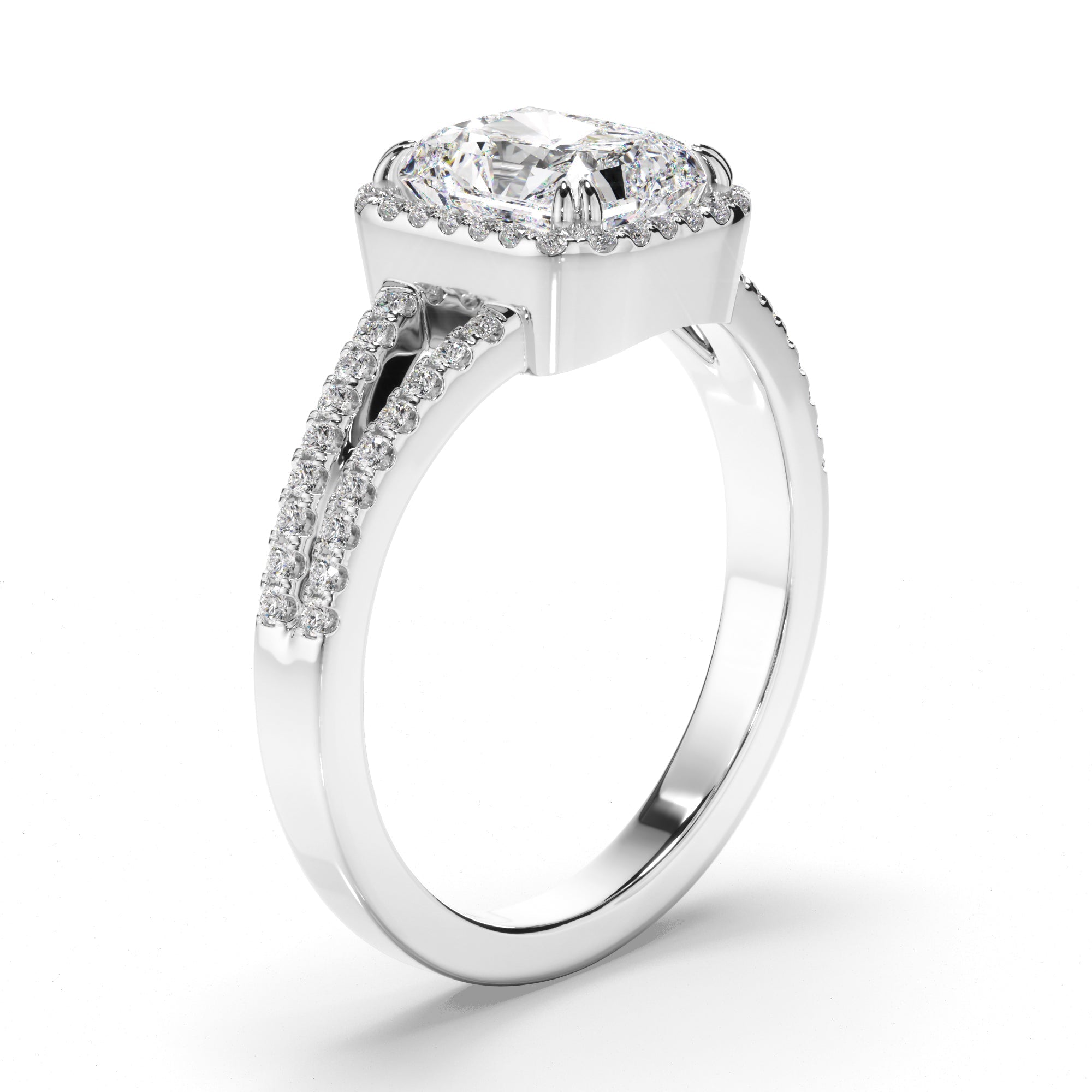 Radiant Cut Diamond Halo Engagement Ring with Pave Sides