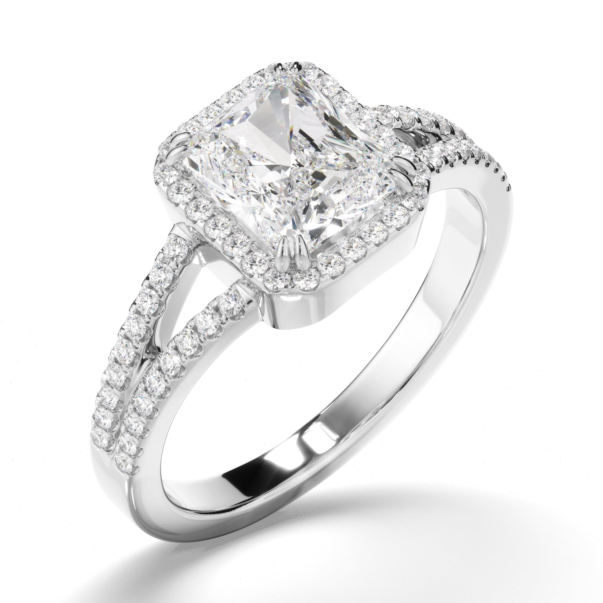 Radiant Cut Diamond Halo Engagement Ring with Pave Sides