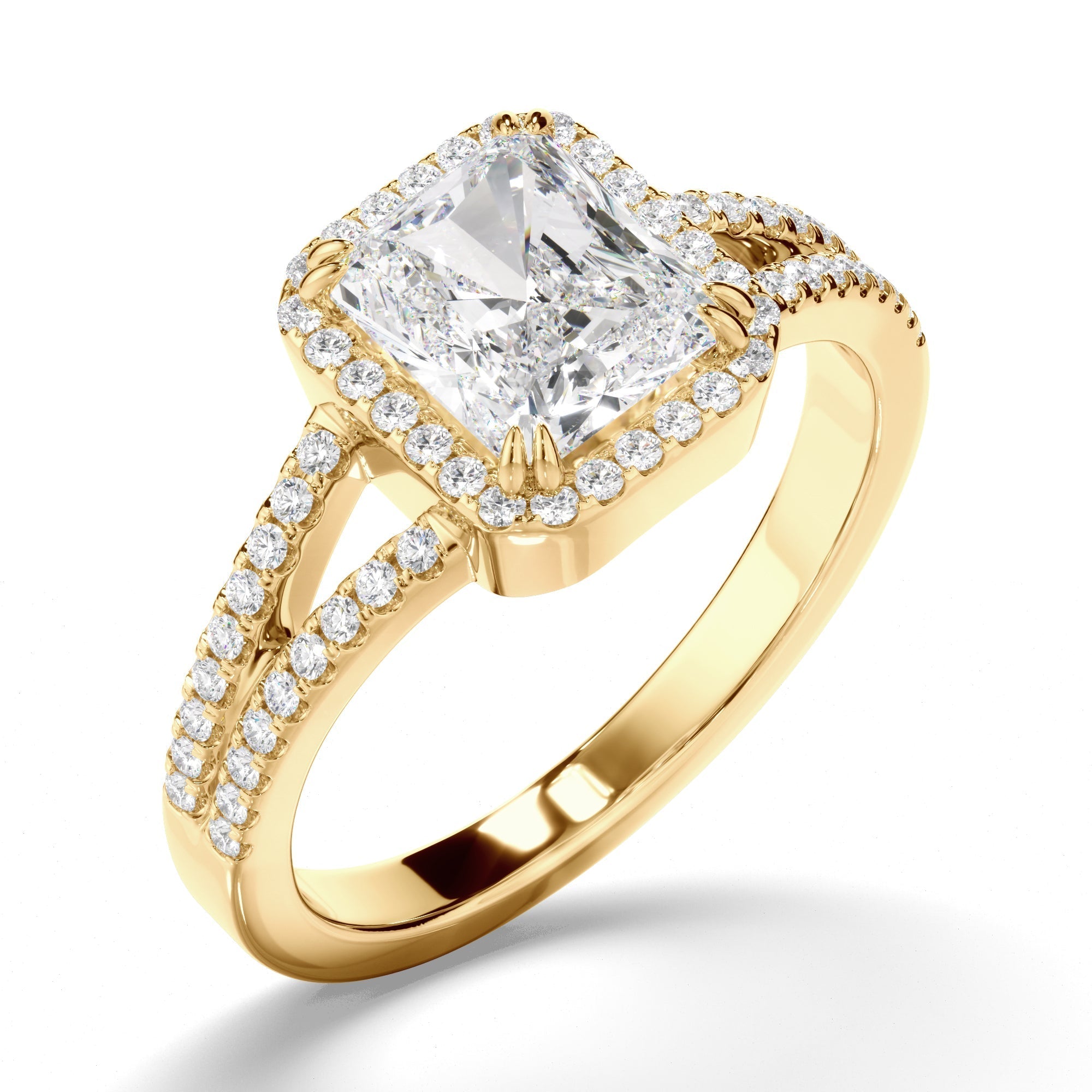 Radiant Cut Diamond Halo Engagement Ring with Pave Sides