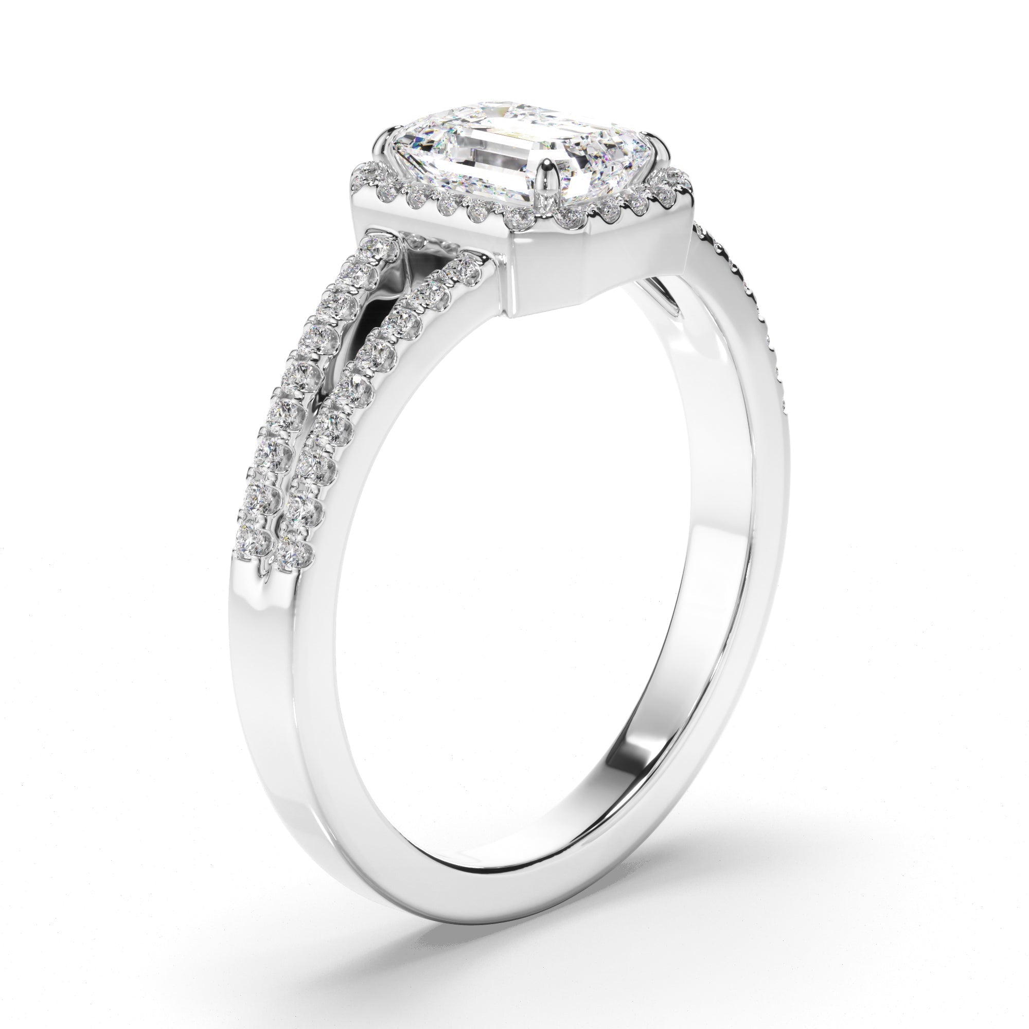 Emerald Cut Diamond Halo Engagement Ring with Pave Sides