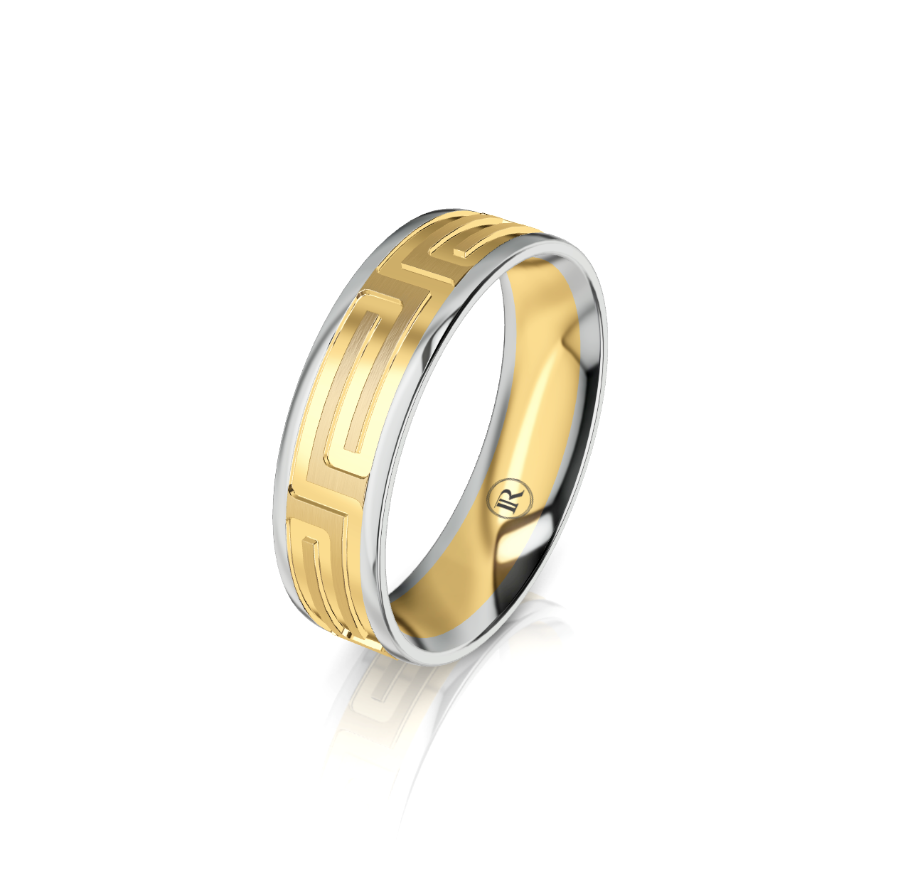9ct White and Yellow Gold Elongated Greek Key Pattern Wedding Ring