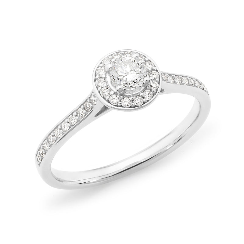 0.37ct Round Brilliant Cut Diamond Claw/Bead Set Halo Engagement Ring in 18ct White Gold