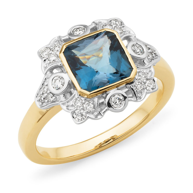 London Blue Topaz & Diamond Bezel/Bead Set Coloured Stone Dress Ring in 9ct Yellow & White Gold