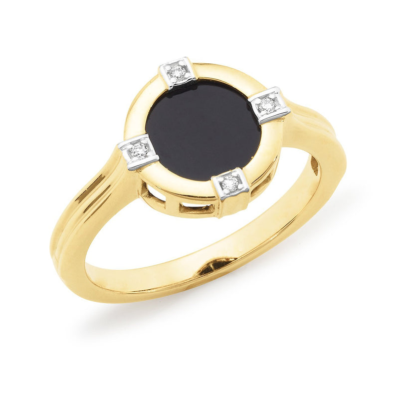 Onyx & Diamond Bezel/Bead Set Dress Ring in 9ct Yellow Gold