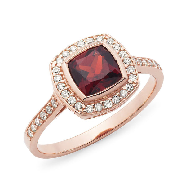Garnet & Diamond Claw/Bead Set Dress Ring in 9ct Rose Gold