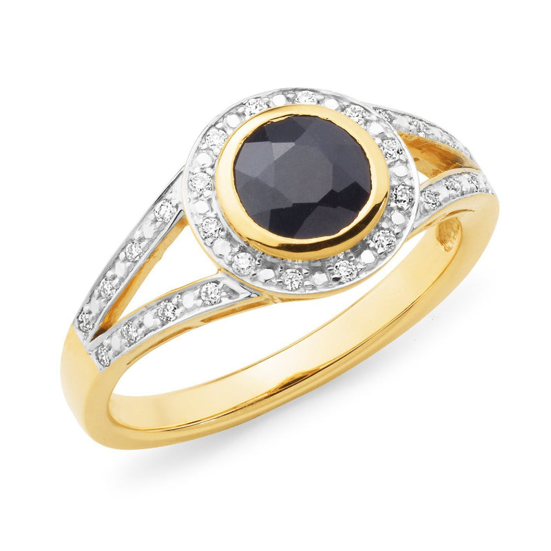 Sapphire & Diamond Bezel/Bead Set Dress Ring in 9ct Yellow Gold