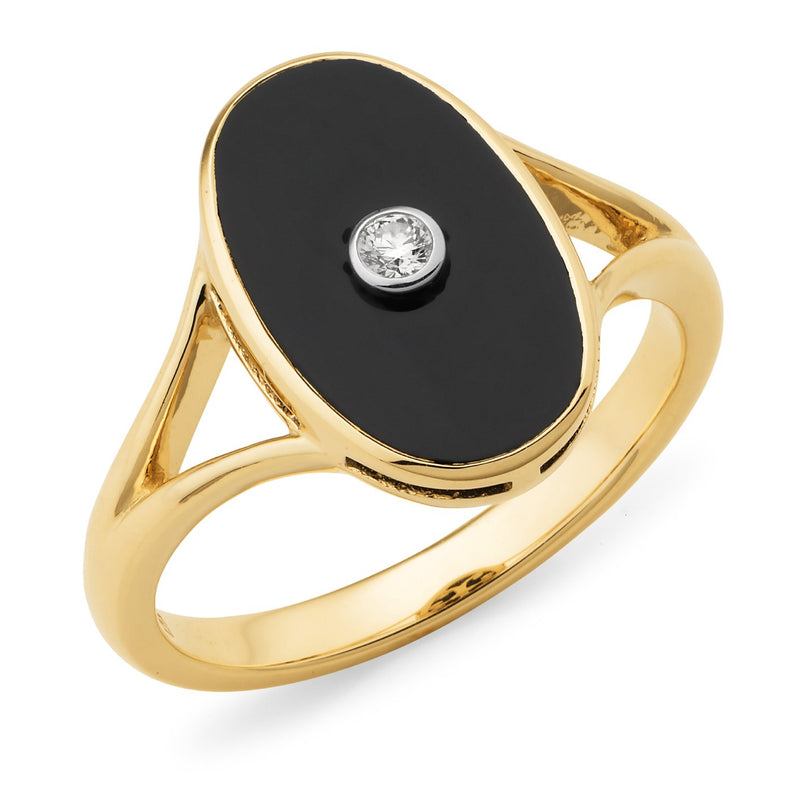 Onyx & Diamond Bezel Set Dress Ring in 9ct Yellow & White Gold