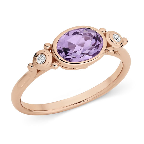 Pink Amethyst & Diamond Bezel Set Dress Ring in 9ct Rose Gold