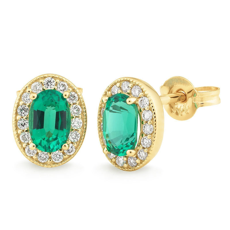 Created Emerald & Diamond Claw/Bead Set Stud Earrings in 9ct Yellow Gold