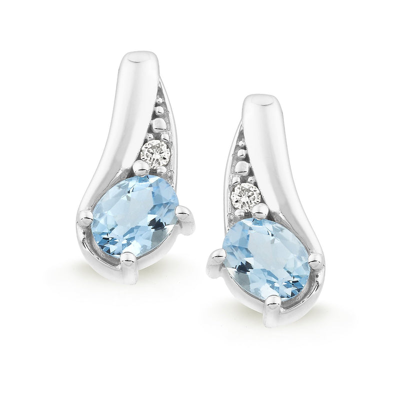 Aquamarine & Diamond Claw/Bead Set Stud Earrings in 9ct White Gold