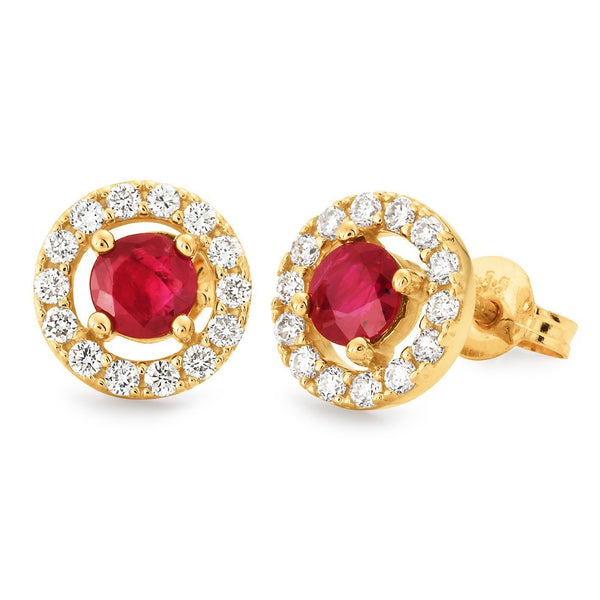 Ruby & Diamond Claw/Bead Set Stud Earrings in 9ct Yellow Gold