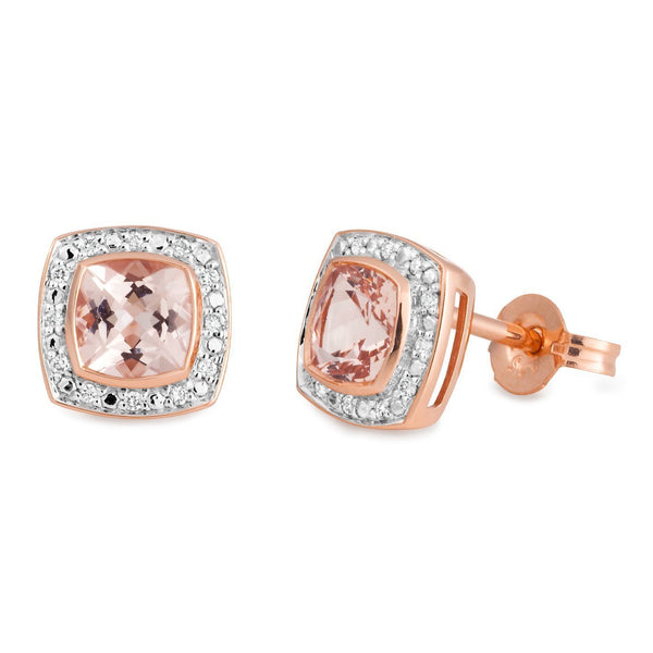 Morganite & Diamond Bezel/Bead Set Coloured Stone Earrings in 9ct Rose Gold
