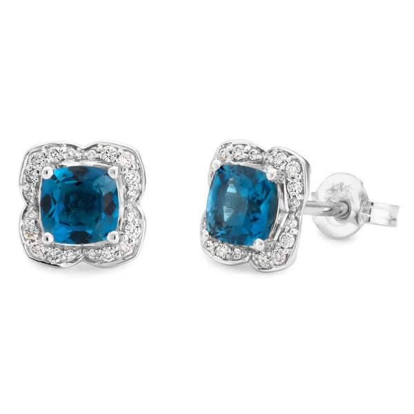 London Blue Topaz & Diamond Claw/Bead Set Stud Earrings in 9ct White Gold