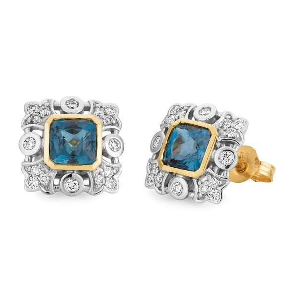 London Blue Topaz & Diamond Bezel/Bead Set Coloured Stone Earrings in 9ct Yellow & White Gold