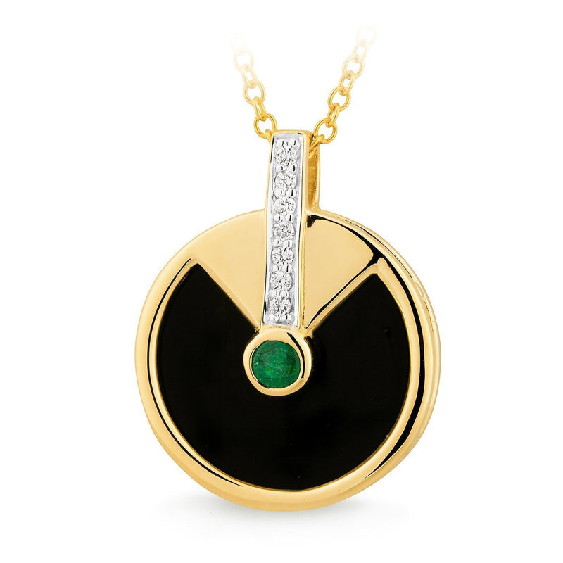 Onyx & Emerald & Diamond Bezel/Bead Set Pendant in 9ct Yellow Gold